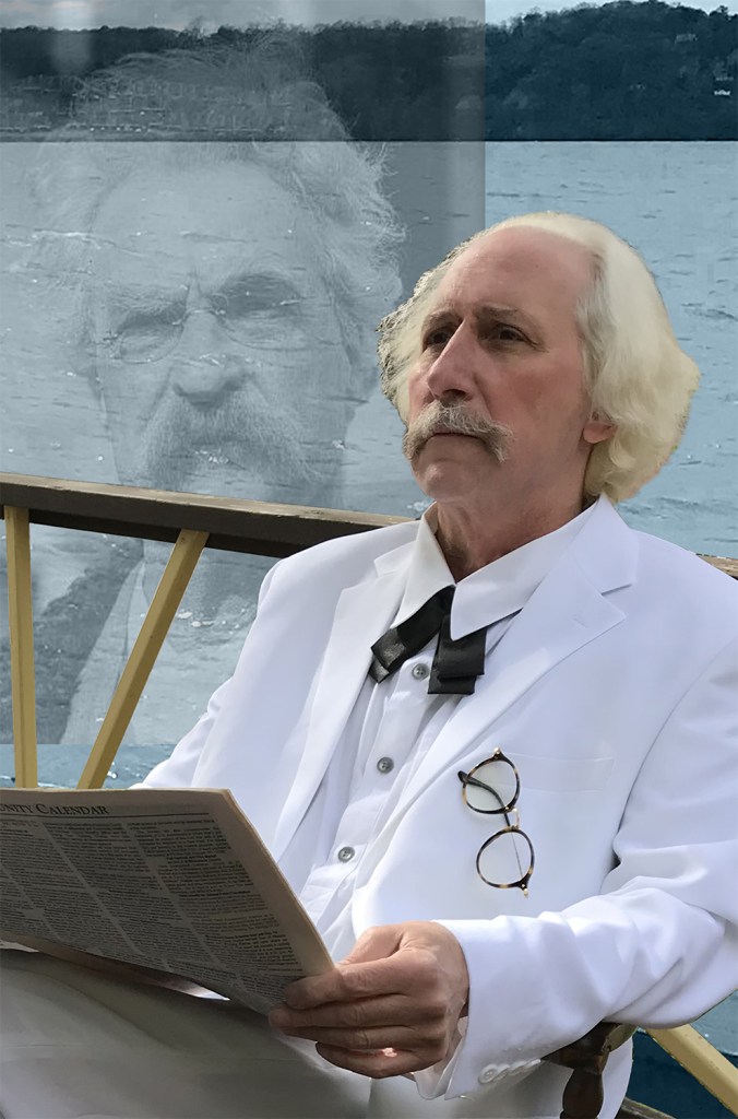 Picture shows Joe Baer portrating Samuel Clemens in his iconic white suit with a ghost image of Mark Twain in the background.